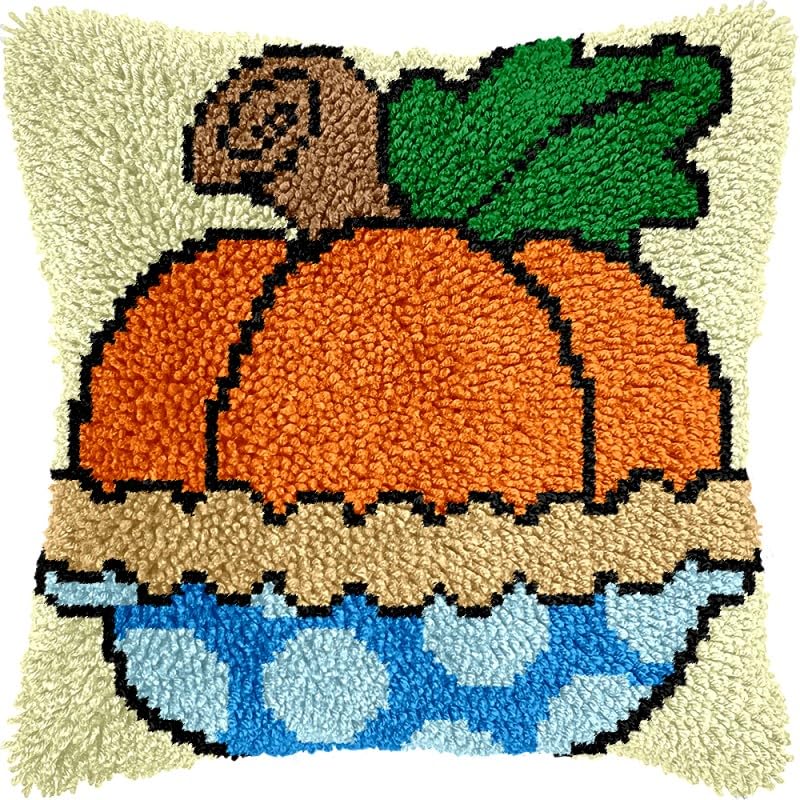 Pumpkin Latch Hook Pillows Kits Cushion Pillow Cover with Pattern Printed Canvas Sofa Hooking Pillowcase Crafts Embroidery Latch Hooking Crochet Kits Set 17x17 inch(1)