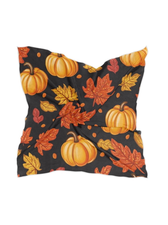 Pumpkin Leaf Fall Autumn Square Silk Scarf, 23.6223.62in Polyester Simulated Silk Satin Scarf Tops for Women Head Wraps Shirt Bandana Curly Hair Tie Headband Headscarf