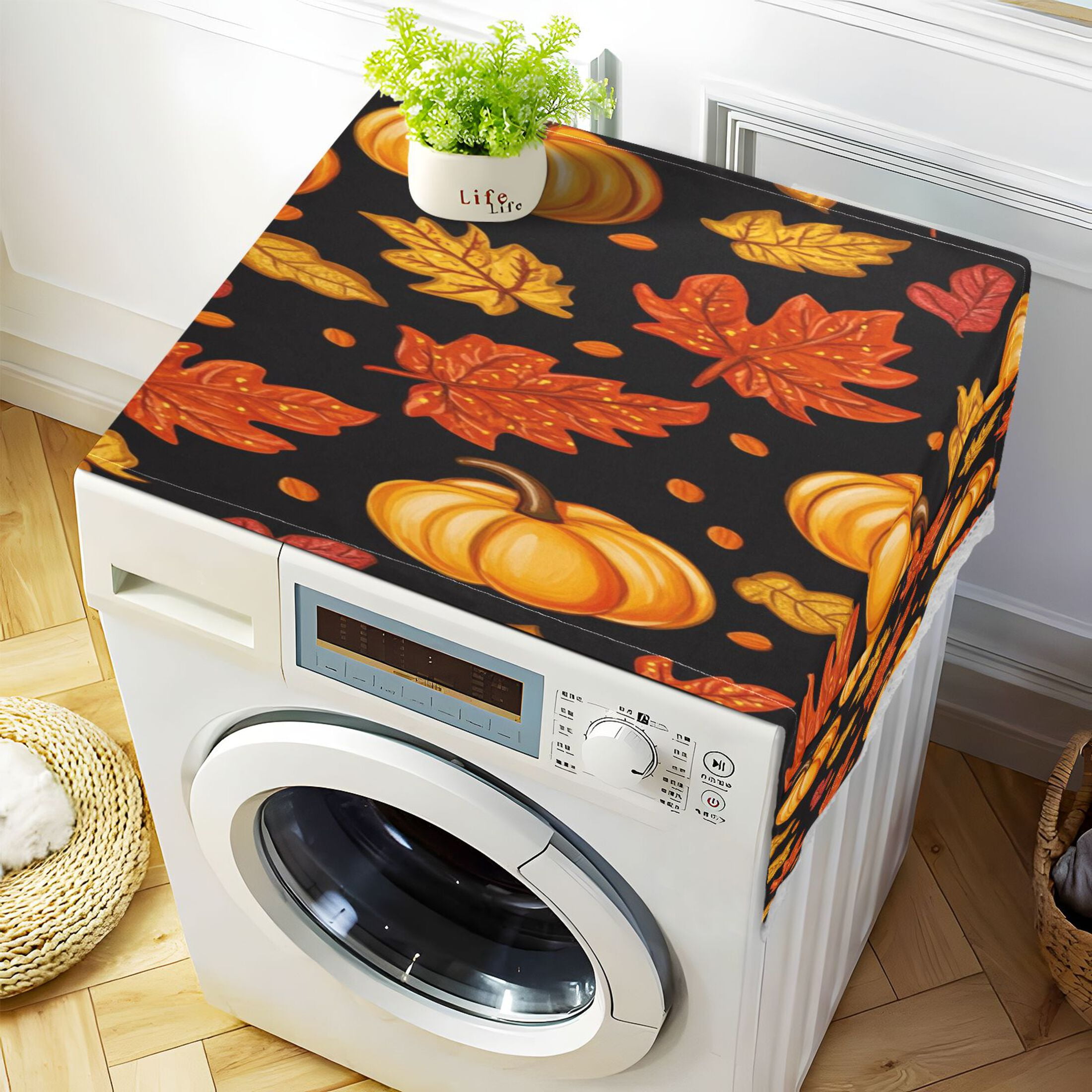 Pumpkin Leaf Fall AutumnWasher and Dryer Covers Dust-Proof and Oil Resistant Fridge Cover with 4 Storage Pockets Washing Machine Top Cover for Laundry Kitchen Home 51.2 x 22 In