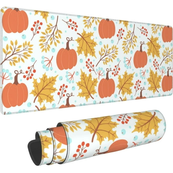 Pumpkin Leaf Large Mouse Pad for Desk XL Gaming Mouse Pad 31.5x11.8in Extended Desk Mat Non-Slip Base Desk Pad with Stitched Edge Computer Keyboard Mouse Mat Gaming Mousepad for Home Office