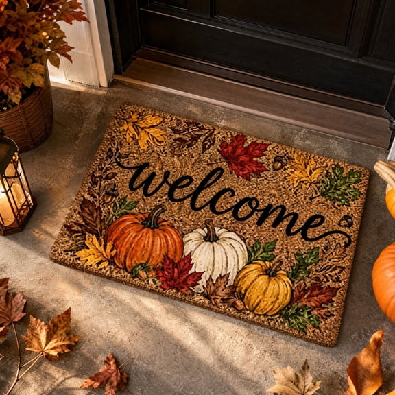 Pumpkin Leaf Welcome Fall Welcome Doormat, Autumn Pumpkin and Leaf Entry Mat for Front Door Kitchen Porch Hallway, Harvest Thanksgiving Floor Decoration, 23.62 x 15.75 Inch