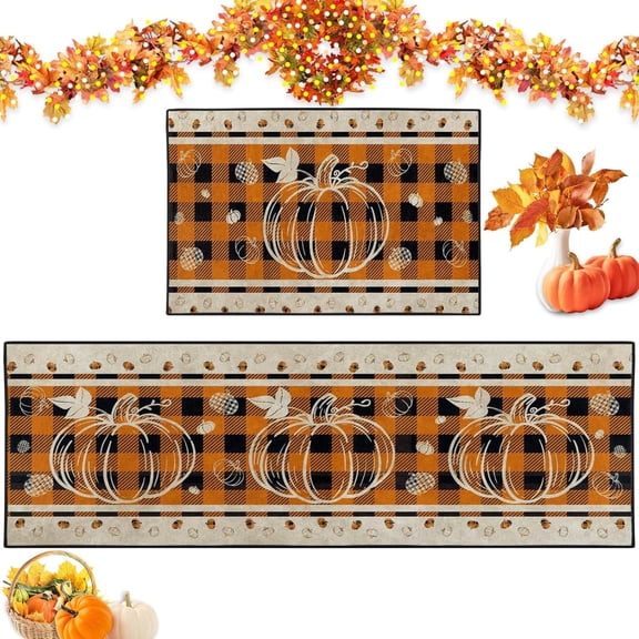 Pumpkin Leaves Kitchen Rugs and Mats Non Skid Washable Set of 2, Fall Vintage Thanksgiving Kitchen Floor Mats, Farmhouse Buffalo Plaid Orange Black Kitchen Runner Rug, Autumn Kitchen Decor