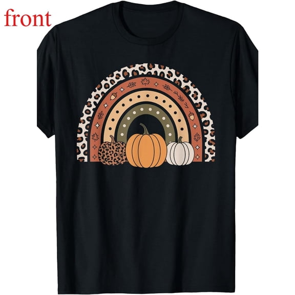 Pumpkin Leopard Tee Autumn Thanksgiving Graphic Short Sleeve Round Neck Top Soft Black S-5XL