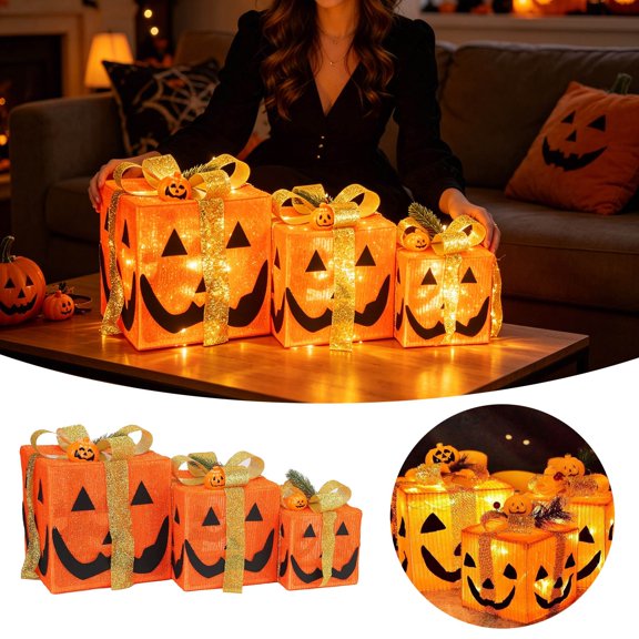 Pumpkin Light 3Pcs 3 Size Box Shaped Light Up Pumpkin with Devil Face & Ribbon Battery Powered Halloween Decorations for Home, Party, Mall