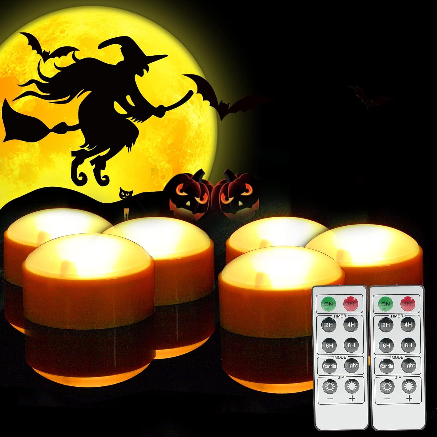 Amber LED Flameless Pumpkin Lights with Remote, 6 Pack