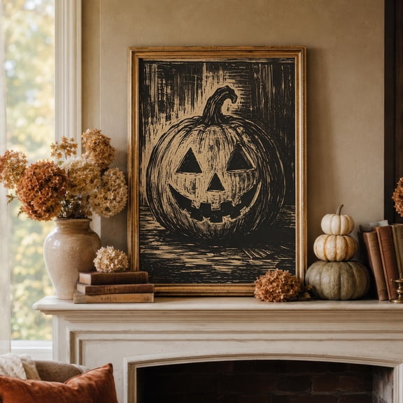 Pumpkin Linocut Wall Art Vintage Halloween Poster Black And Beige Autumn Decor , Poster Print Only