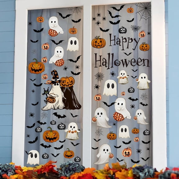 Pumpkin Living Room Glass Decal Festive Halloween Window Cling Prop, Spooky Haunted House Display For Indoor Window Wall Trick Or Treat Party, Tearproof Reusable Durable Display For Party Guests Kids
