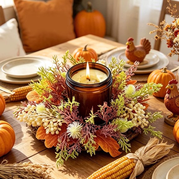 Pumpkin Maple Candle Ring Wreath, Plastic Foliage Mini Garland for Table Door Fall Thanksgiving Halloween