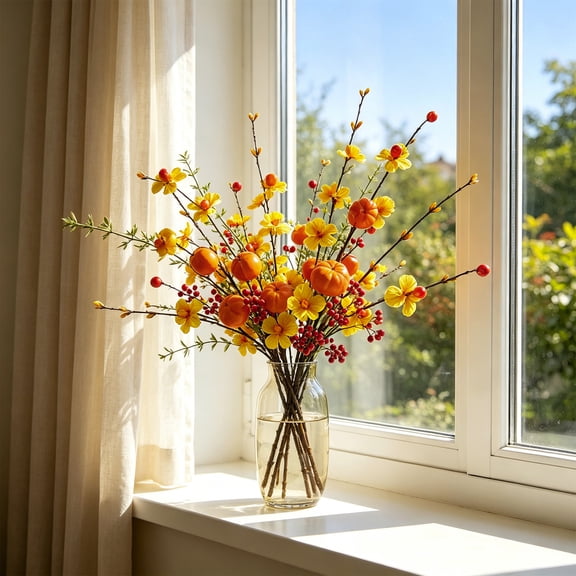 Pumpkin Maple Leaf Bouquet Artificial Fall Floral Picks Vase Centerpiece,B