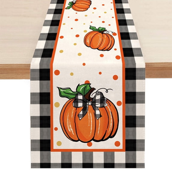Pumpkin Maple Leaf Fall Table Runner, Orange Buffalo Plaid Autumn Table Runner Seasonal Autumn Kitchen Dining Table Decoration for Home Party Decor 13x72 Inch