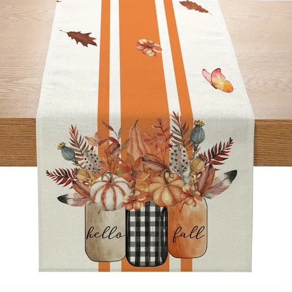 Pumpkin Maple Leaf Fall Table Runner, Orange Buffalo Plaid Autumn Table Runner Seasonal Autumn Kitchen Dining Table Decoration for Home Party Decor 13x72 Inch