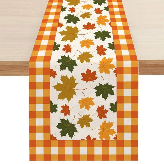 Pumpkin Maple Leaf Fall Table Runner, Orange Buffalo Plaid Autumn Table Runner Seasonal Autumn Kitchen Dining Table Decoration for Home Party Decor 13x72 Inch