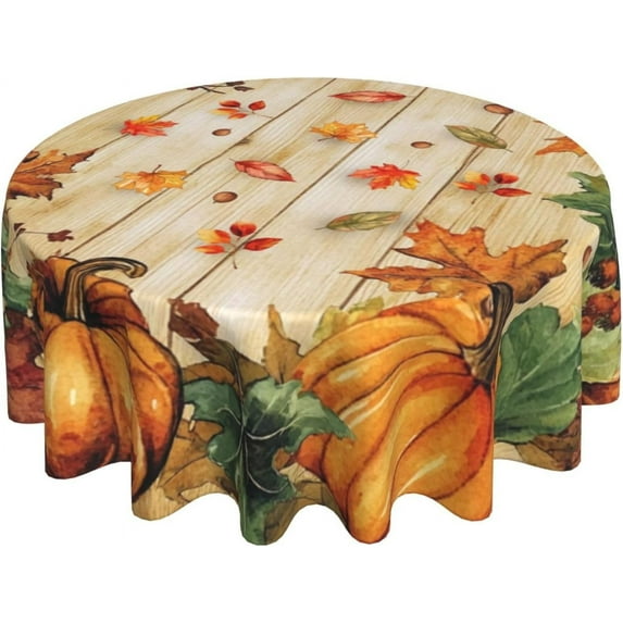 Pumpkin Maple Leaf Round Tablecloth 60 Inch Washable Reusable Decoration Table Cover for Kitchen Party