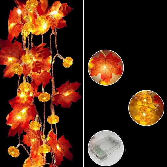Pumpkin Maple Leaf String Lights, Battery Operated Fall Decor, LED Halloween Indoor Outdoor Lighting, 10FT Warm White Fairy Lights, Waterproof for Porch & Party, B
