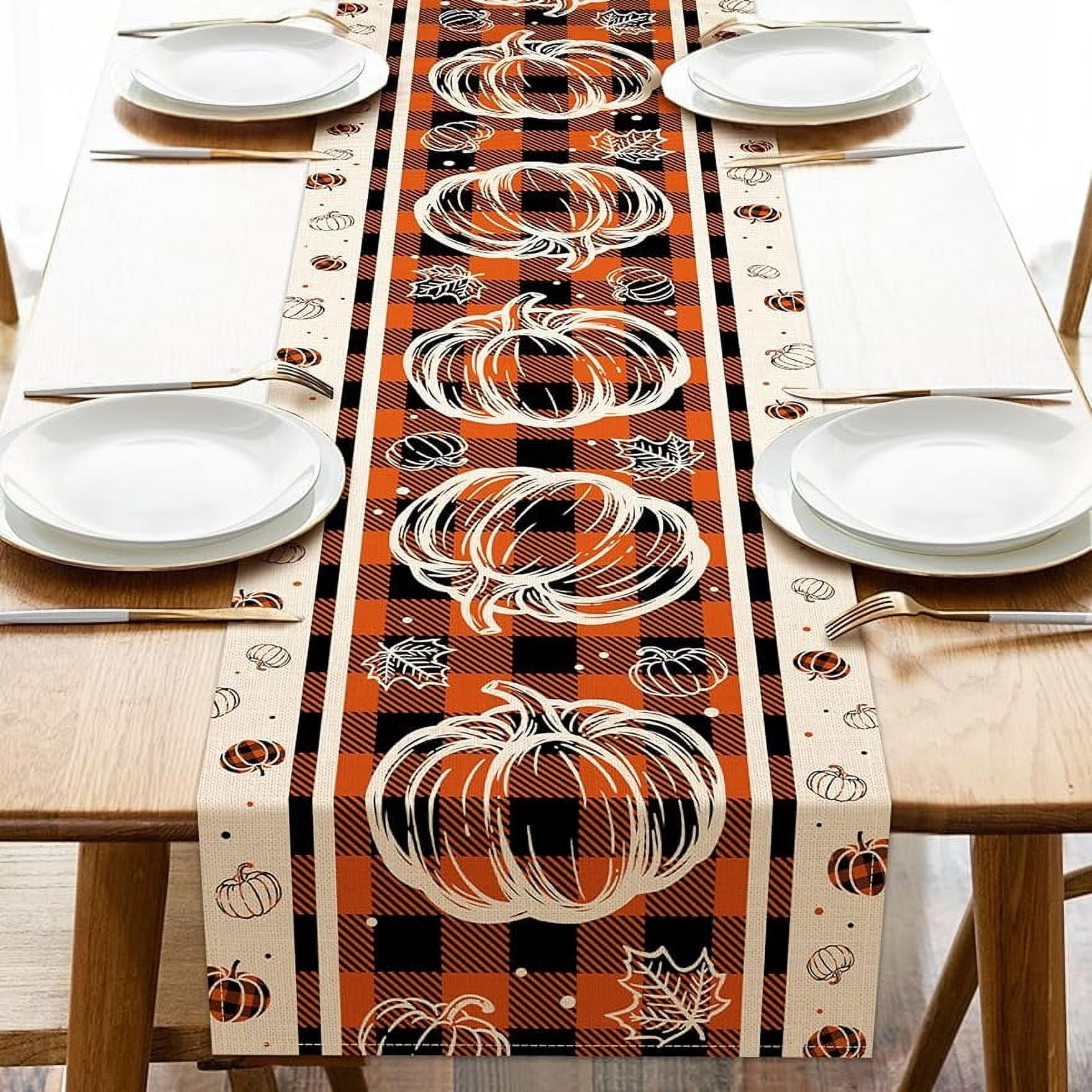 Pumpkin Maple Leaf Table Runner Fall Buffalo Plaid Kitchen Table r ...