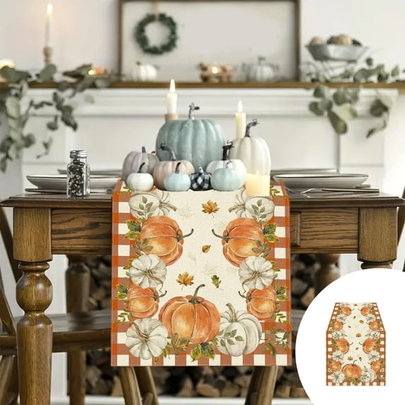 Pumpkin Maple Leaves Fall Table Runner, 13x72 Inch Autumn Thanksgiving Harvest Farmhouse Style Table Decoration for Holiday Home Kitchen Dining Party Decoration