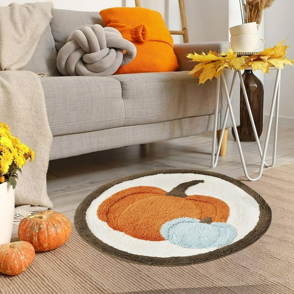 Pumpkin Maple Leaves Shaped Mat for Halloween, Fall Thanksgiving Rug for Living Room and Bedroom, Pumpkin and Leaves Halloween Floor Mat for Bath Area