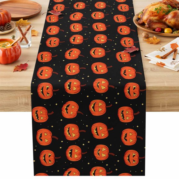Pumpkin Monster Table Runner 13x36 Inch Orange Grimace Pumpkin Black Halloween Cotton Linen Dining Table Runner Ideal for Dresser Kitchen Coffee Tables - Machine Washable