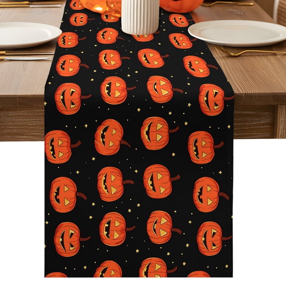 Pumpkin Monster Table Runner, Orange Grimace Pumpkin Black Halloween Cotton Linen Table Cloth, Tablerunner for Kitchen Dining Party Wedding Home Decor 13x36 Inch