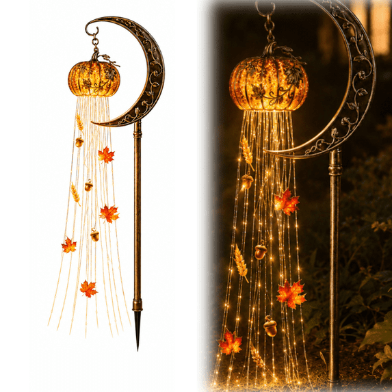Landscape & Walkway Lights, Pumpkin Moon Blessing Garden Stake Light | Solar Halloween Maple Leaf Garden Stake Light, Hanging Jack-o'-Lantern Lantern for Garden, Patio, Walkway, Porch