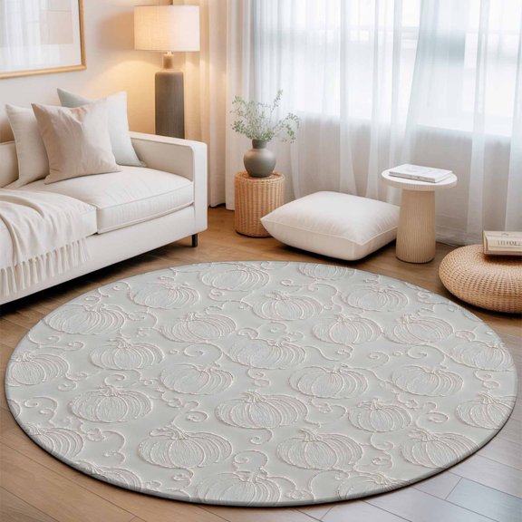 Pumpkin Motifs 7' Round Rugs for Living Room Conversation Area, Damask Pumpkin Leaf Embossed Texture Beige Washable Non Slip Large Circle Area Rug Under Dining Table