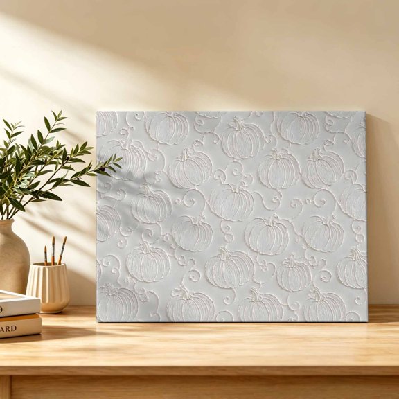 Pumpkin Motifs Canvas Wall Art, Damask Pumpkin Leaf Embossed Texture Beige Wall Art Prints Artwork Framed Canvas Ready to Hang Art Pictures for Bathroom Bedroom Entry Desk Corner 10" x 8"