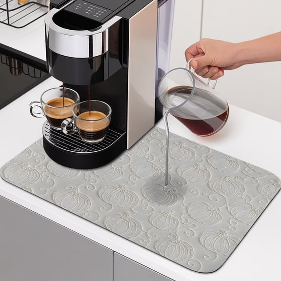 Pumpkin Motifs Dish Drying Mats for Kitchen Counter, Damask Pumpkin Leaf Embossed Texture Beige Absorbent Coffee Bar Mat with Non-slip Rubber Backed Quick Drying Dish Rack Pad 16"x24"