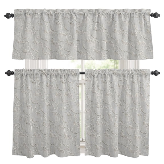 Pumpkin Motifs Kitchen Curtains Valances 3 Piece Set, Damask Pumpkin Leaf Embossed Texture Beige Rod Pocket Tier Curtain and Valance Drapes for Small Window 36 Inch Length for Bedroom Cafe