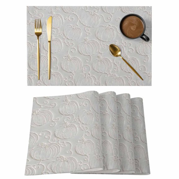Pumpkin Motifs Placemats Set of 1, Damask Pumpkin Leaf Embossed Texture Beige Non-Slip Place Mats Washable Table Mats for Kitchen Dining Table Decorations Indoor/Outdoor