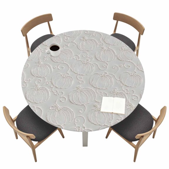 Pumpkin Motifs Round Fitted Table Cover Damask Pumpkin Leaf Embossed Texture Beige Waterproof Table Cloth with Elastic Edge Wipeable Tablecloth for Picnic Camping Party Fits 36"-44" Tables