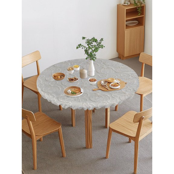 Pumpkin Motifs Round Fitted Tablecloth with Elastic Edge, Damask Pumpkin Leaf Embossed Texture Beige Waterproof Stretch Table Covers for 36"-44" Tables Wipeable Table Cloth for Outdoor