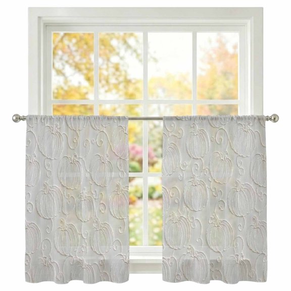 Pumpkin Motifs Sheer Curtains 54 Inch Long 2 Panels Damask Pumpkin Leaf Embossed Texture Beige Light Filtering Rod Pocket Curtains, Sheer Voile Drapes for Living Room Bedroom 52"x54"