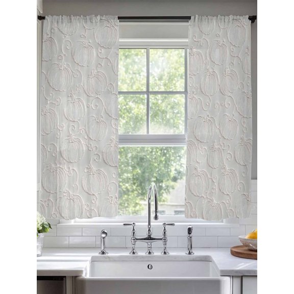 Pumpkin Motifs Sheer Curtains 63 inches Long, Damask Pumpkin Leaf Embossed Texture Beige Light Filtering Sheer Window Curtains Rod Pocket Voile Drapes for Bedroom Living Room, 2 Panels