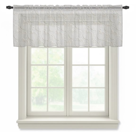 Pumpkin Motifs Sheer Valances for Windows, Damask Pumpkin Leaf Embossed Texture Beige Semi Sheer Kitchen Valance Rod Pocket Small Voile Window Curtains for Living Room Bedroom 42 x 18 Inch