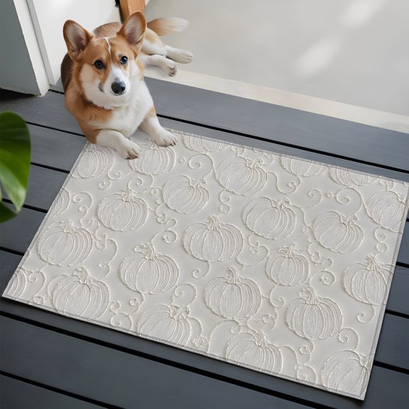 Pumpkin Motifs Small Area Rugs 2x3 Damask Pumpkin Leaf Embossed Texture Beige Entryway Rugs Washable Door Mat, Low-Profile Area Rugs Non Slip Floor Carpet for Living Room Bedroom Home Office