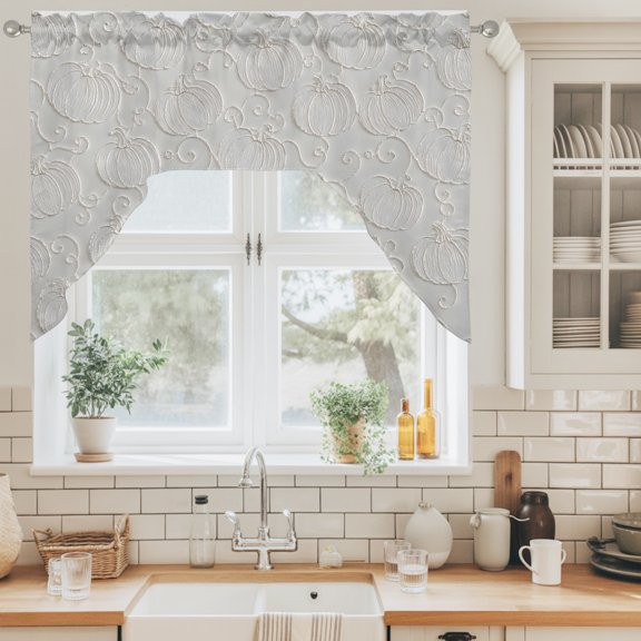 Pumpkin Motifs Swag Valance for Windows, Damask Pumpkin Leaf Embossed Texture Beige Swag Curtains Valances for Small Window Treatment Rod Pocket for Kitchen Bathroom 1 Panel 56x36in