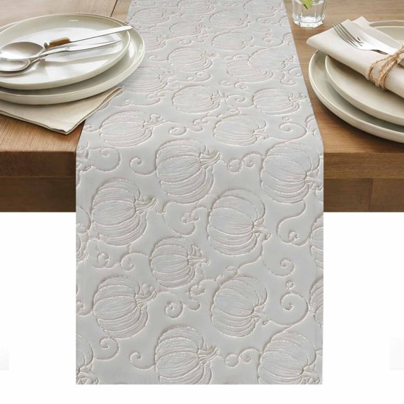 Pumpkin Motifs Table Runner, Damask Pumpkin Leaf Embossed Texture Beige Washable Kitchen Table Runners Dress Scarves for Dining Table Decorations Party/Restaurant/Indoor Outdoor Use, 13x36in