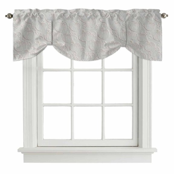 Pumpkin Motifs Tie Up Valances Curtain, Damask Pumpkin Leaf Embossed Texture Beige Adjustable Valance for Window Light Filtering for Kitchen and Bathroom Rod Pocket 1 Panel 54x18in