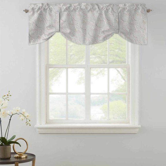 Pumpkin Motifs Tie Up Valances Curtain, Damask Pumpkin Leaf Embossed Texture Beige Kitchen Valances for Windows Decor, Rod Pocket Short Curtains Set for Bedroom/Bathroom, 54"x18"