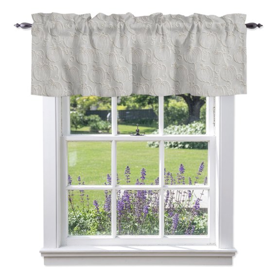 Pumpkin Motifs Valances for Windows, Damask Pumpkin Leaf Embossed Texture Beige Rod Pocket Short Window Valance Curtains Holiday Window Treatment for Kitchen Living Room Bathroom 42" x 12"