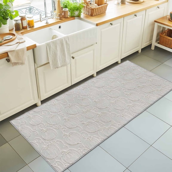 Pumpkin Motifs Washable Runner Rugs 2'x6', Damask Pumpkin Leaf Embossed Texture Beige Washable Runner Rug Non-Slip Sturdy Edge Binding Carpet for Bedside Hallway Runner Kitchen Galley