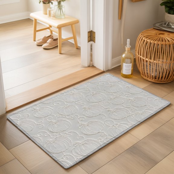 Pumpkin Motifs Washable Small Entryway Area Rugs 2'x3', Damask Pumpkin Leaf Embossed Texture Beige Washable Throw Rug Non-Slip Sturdy Edge Binding Carpet for Front Door Floor Room Entry