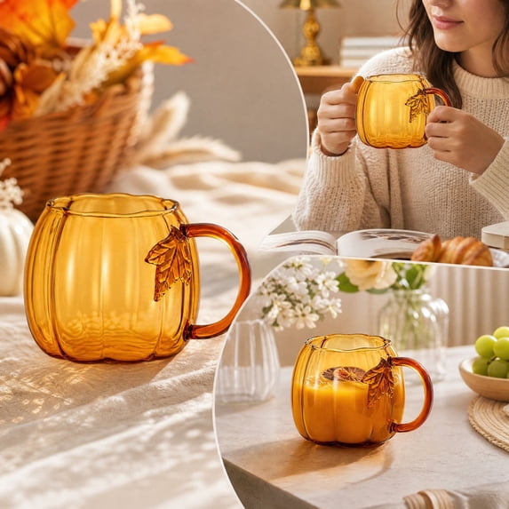 Pumpkin Mug, 18.6oz/550ml Translucent Hand Blown Glass Pumpkin Mug with Handle, Maple Leaf Decorative, for Coffee Tea Cocktails, Fall Halloween Decor and Gifts