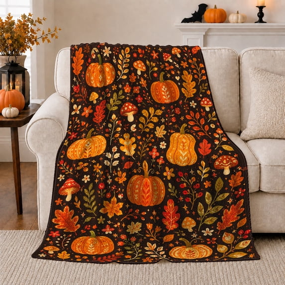 Pumpkin Mushroom Foliage Flower Star Autumn Botanical Pattern Flannel Blanket For Autumn Fans, Cozy Orange Brown Home Decor For Bedroom Living Room Halloween Gift