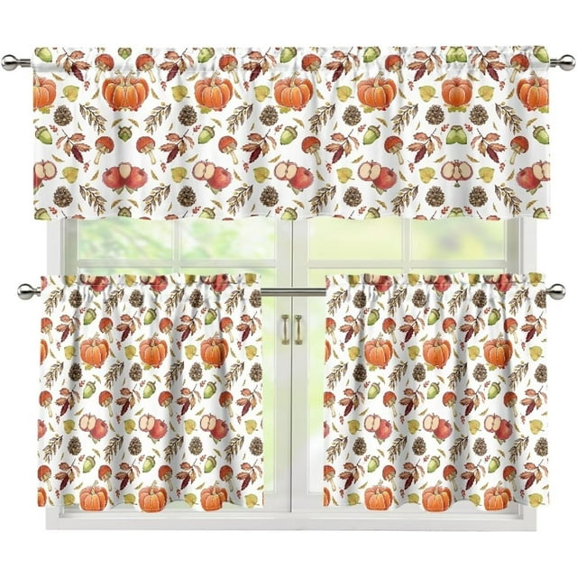 Pumpkin Mushrooms Kitchen Curtain and Valance Set Thanksgiving Home Decor Curtains 3 Pcs Rod Pocket Valance Tiers for Living Room/Bedroom/Bathroom M
