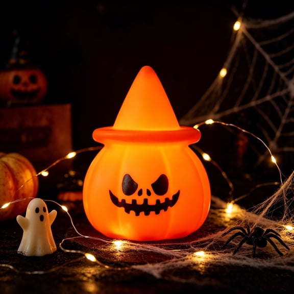 Pumpkin Night Light, Glows with Cute Spooky Faces, LED Lamp, Soft Silicone Build and Battery-Powered Portability for Mantel Display, Dining Table, and Indoor Halloween Decor.