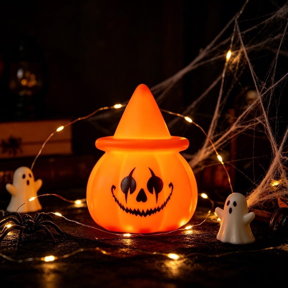 Pumpkin Night Light, Glows with Cute Spooky Faces, LED Lamp, Soft Silicone Build and Battery-Powered Portability for Mantel Display, Dining Table, and Indoor Halloween Decor.