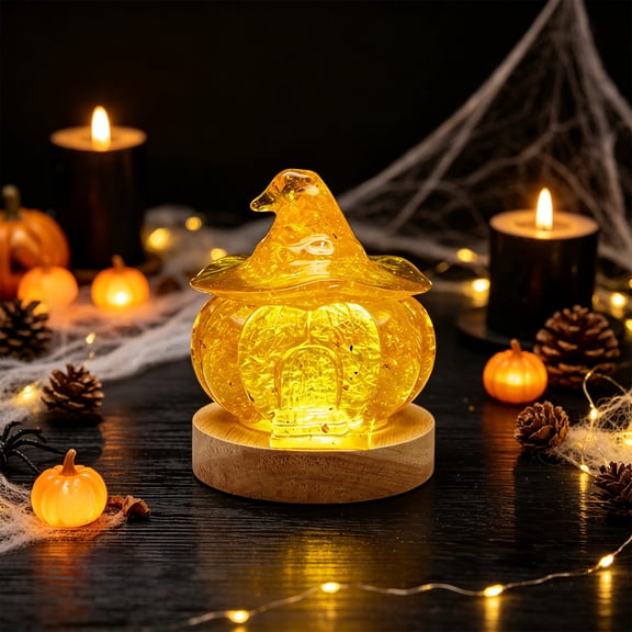 Pumpkin Nightlight, Resin, Crushed Glass Finish, Warm Glow, USB Rechargeable, Halloween Decor for Desktop and Windowsill, Purple