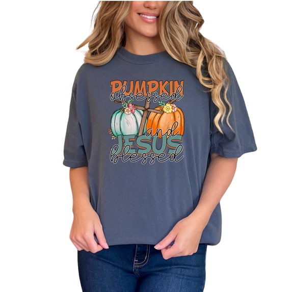 Pumpkin Obsessed and Jesus Blessed, Fall Art Merch, Denim Comfort Colors T-Shirt, 2XL