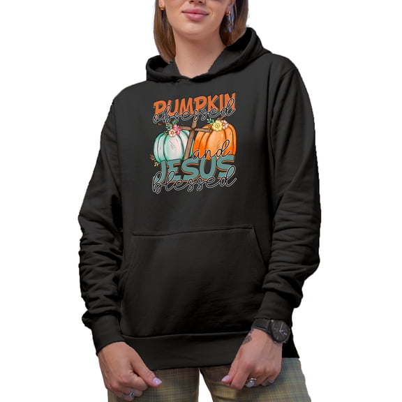 Pumpkin Obsessed and Jesus Blessed, Fall Art Merch Gift, Black Hooded Sweatshirt or Hoodie, XL